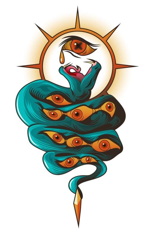 Tattoo with snake and eyes. Dangerous serpent